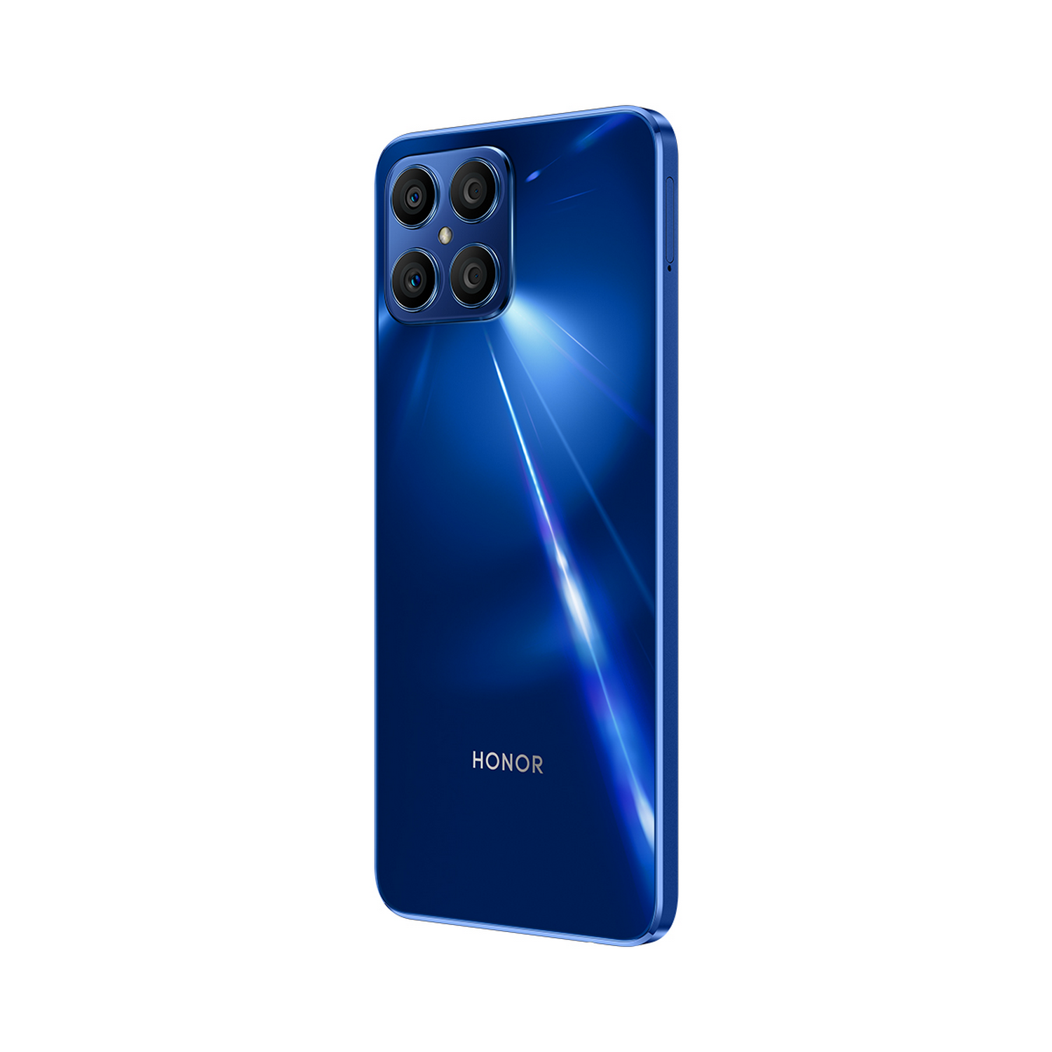 Un teléfono Honor azul. El teléfono tiene una parte trasera brillante con una matriz de cuatro cámaras. El logotipo de Honor es visible.
