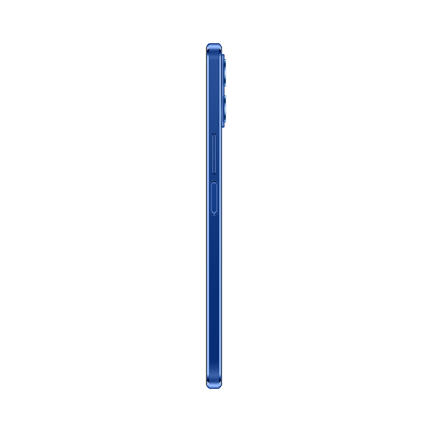 Un teléfono inteligente azul se muestra de lado. La vista lateral muestra el botón de volumen y el botón de encendido.