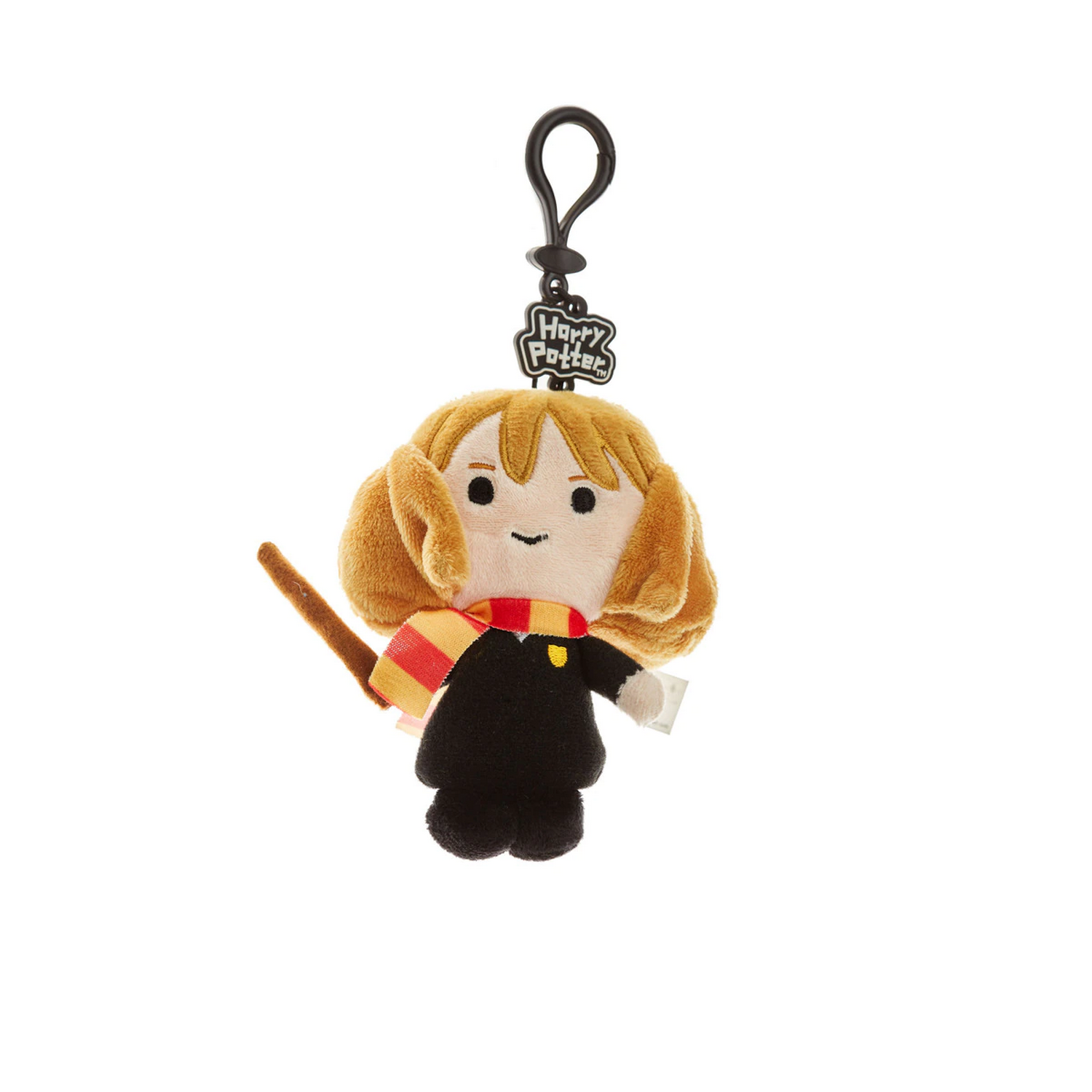 Un peluche de Hermione Granger con una varita y bufanda, colgando de un clip negro.