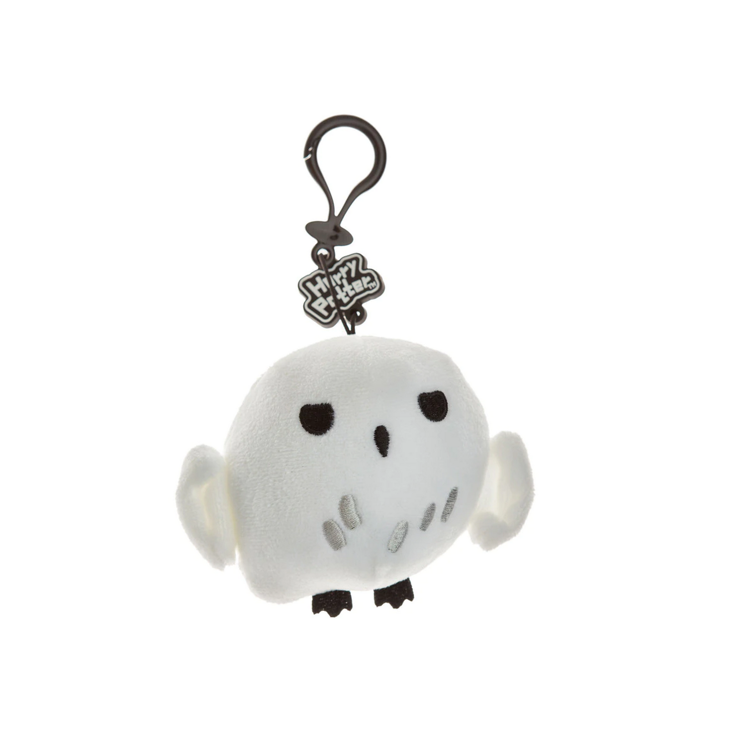 Peluche de Hedwig de Harry Potter con un llavero negro. Búho blanco con ojos negros y marcas grises.