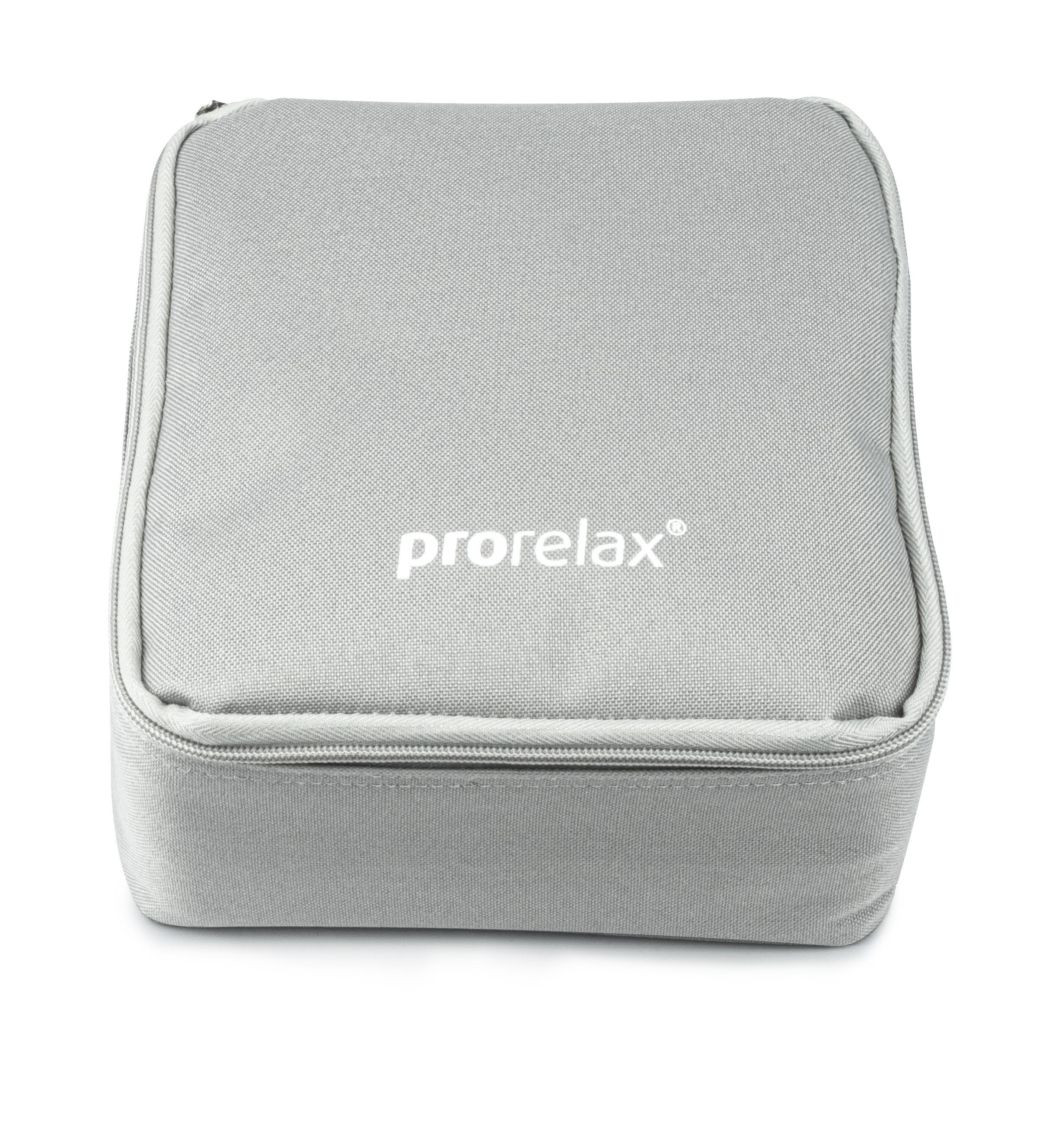Graue Tasche mit Reißverschluss und dem Wort prorelax darauf.