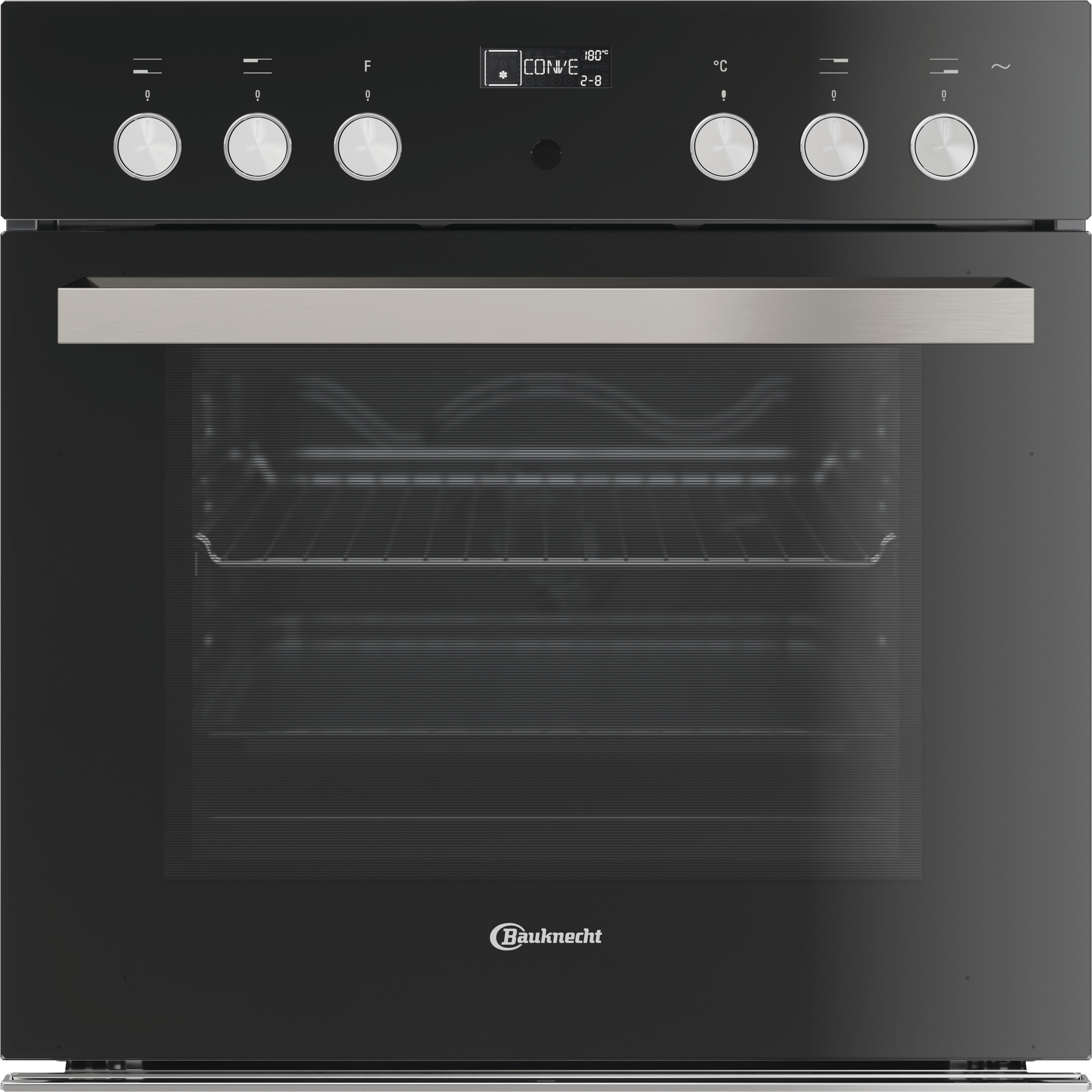 Schwarzer Backofen mit silbernem Griff und Knöpfen. Digitalanzeige zeigt die Temperatur. Glastür. Marke Baunkecht.