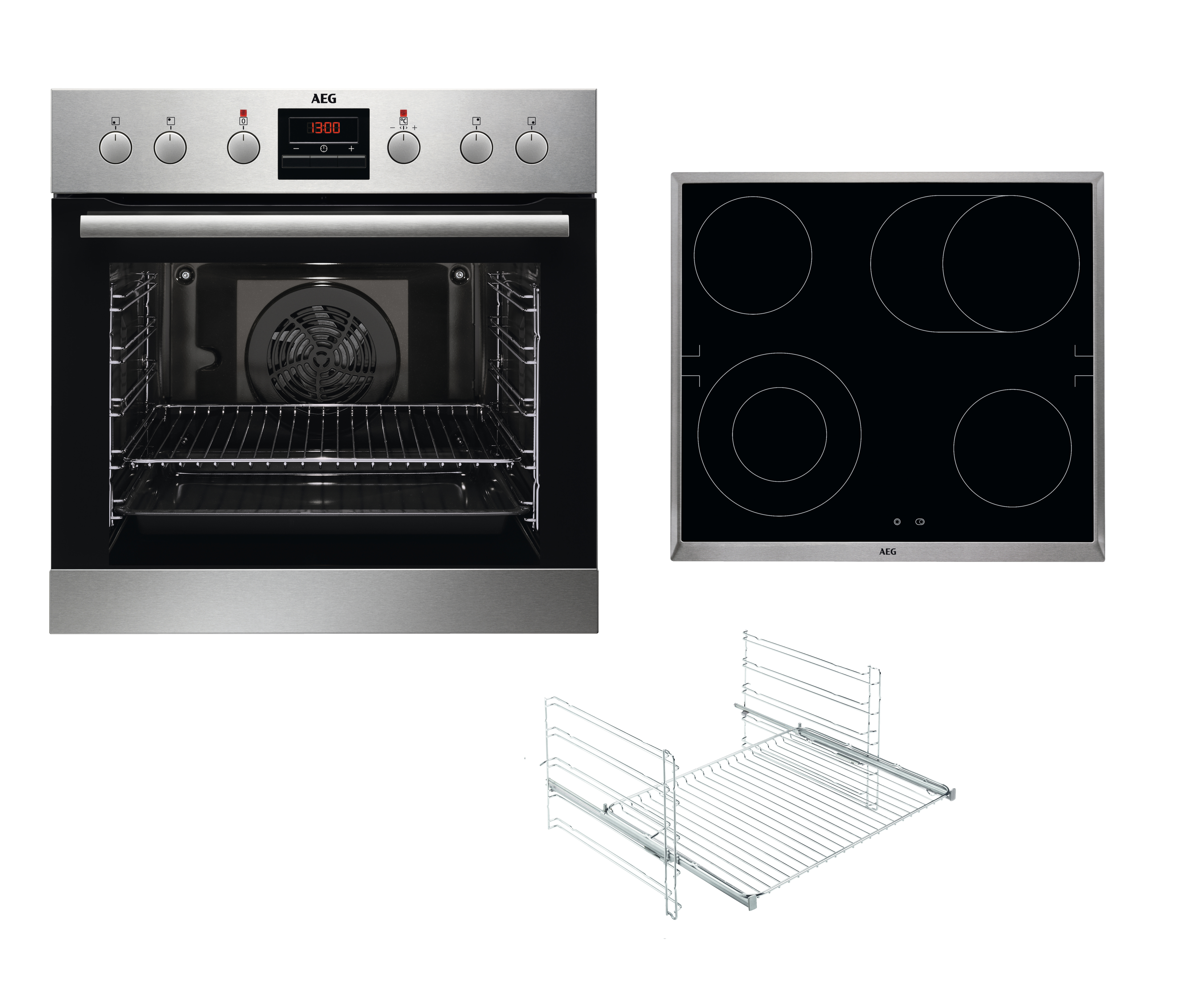 AEG Backofen und Kochfeld-Set. Edelstahl-Backofen, schwarzes Kochfeld mit 4 Brennern. Inklusive Ofenrost.