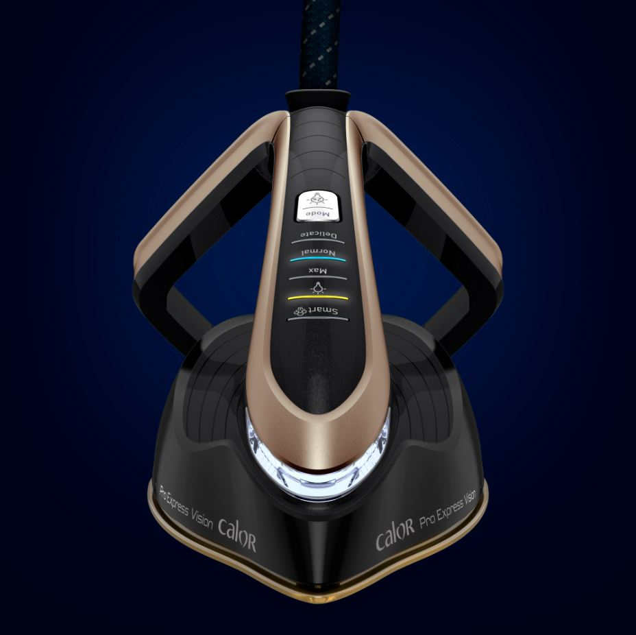 Top view of a black and gold iron, with mode settings. Blue gradient background.