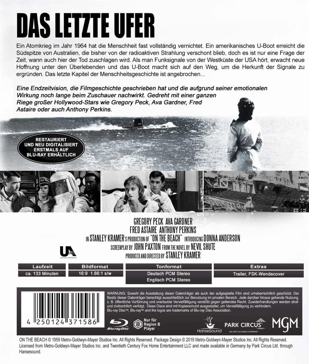 Rückseite einer Blu-ray Disc für den Film 'On the Beach'. Es zeigt Filmbilder und Text.