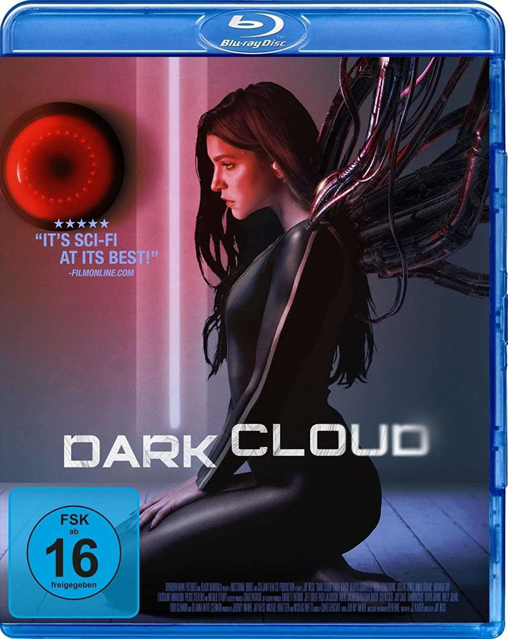 Blu-ray-Hülle mit einer Frau in schwarzem Outfit und Drähten, mit dem Text 'DARK CLOUD'.