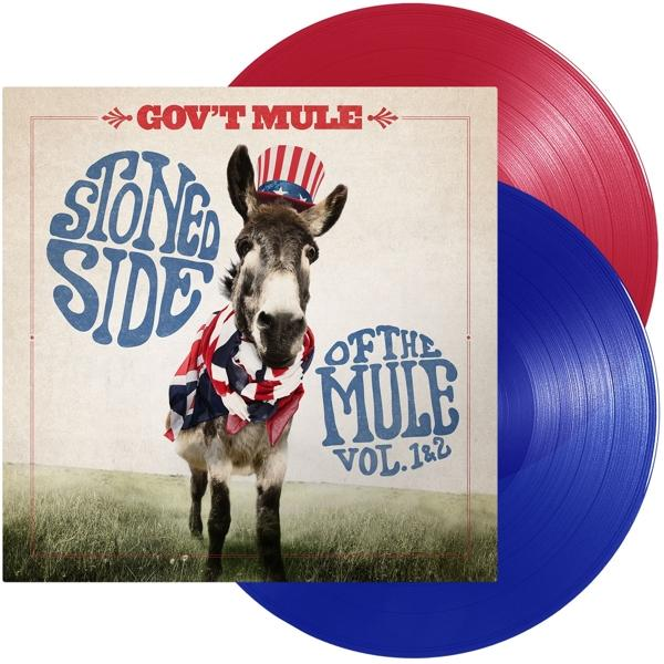 Gov't Mule album borító: Hazafias öszvér, piros és kék bakelit lemezek.
