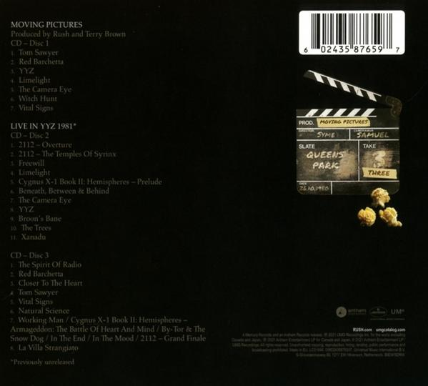 Rückseite einer CD-Hülle mit Text und einer Filmklappe. Weißer Hintergrund.