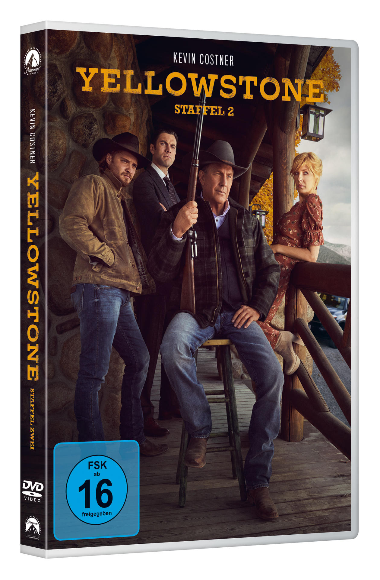 DVD-Box-Set von Yellowstone Staffel 2, mit Schauspielern und Hüttenhintergrund.