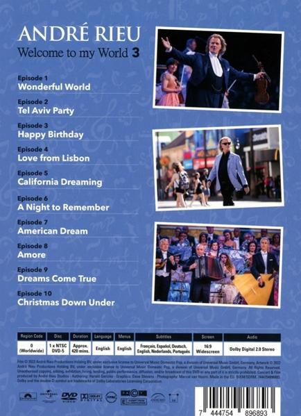 DVD-Cover: André Rieu - Welcome to my World 3, mit Episodenlisten.
