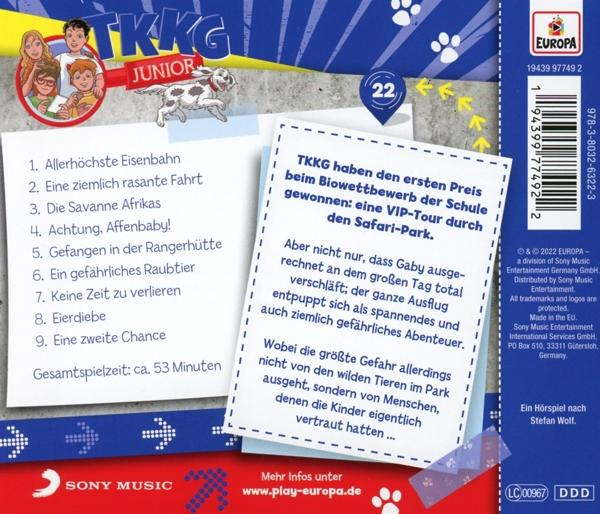 Rückseite eines TKKG Junior Buchs. Text und Illustrationen sind vorhanden, auf Deutsch.