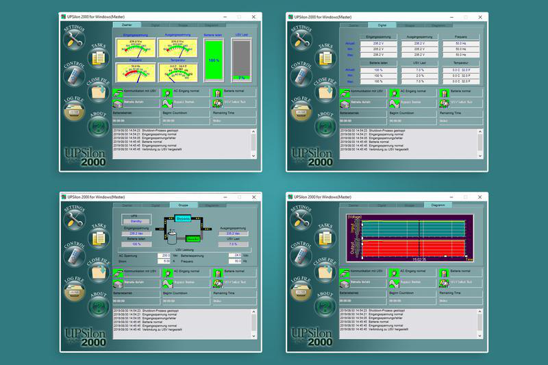 Vier Screenshots einer UPSilon 2000 Oberfläche. Anzeigen von Messwerten, Diagrammen und Einstellungen.