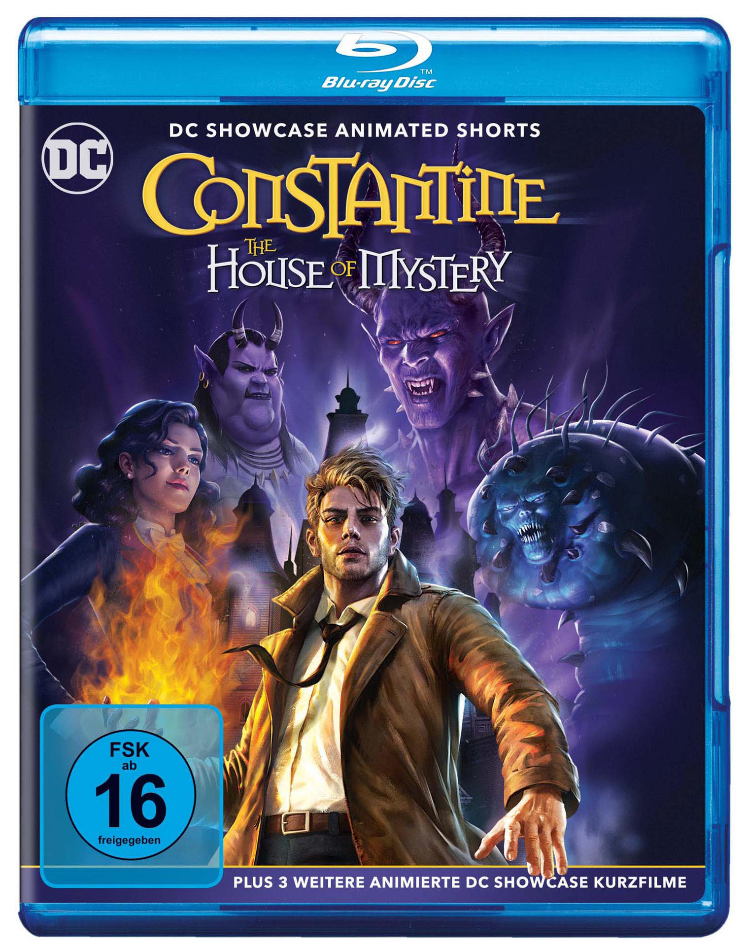 Blu-ray-Cover: Constantine mit Dämonen. Blauer Rand, Text und Charaktere aus DC Showcase.