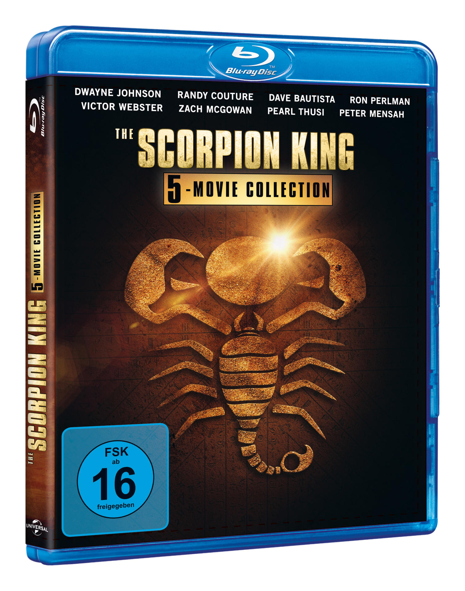 Ein Blu-ray-Disc-Cover für 'The Scorpion King 5 - Movie Collection' vor braunem Hintergrund.