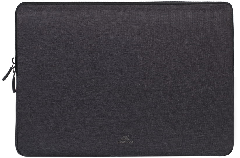 Egy fekete laptop tok cipzárral és egy kis logóval.