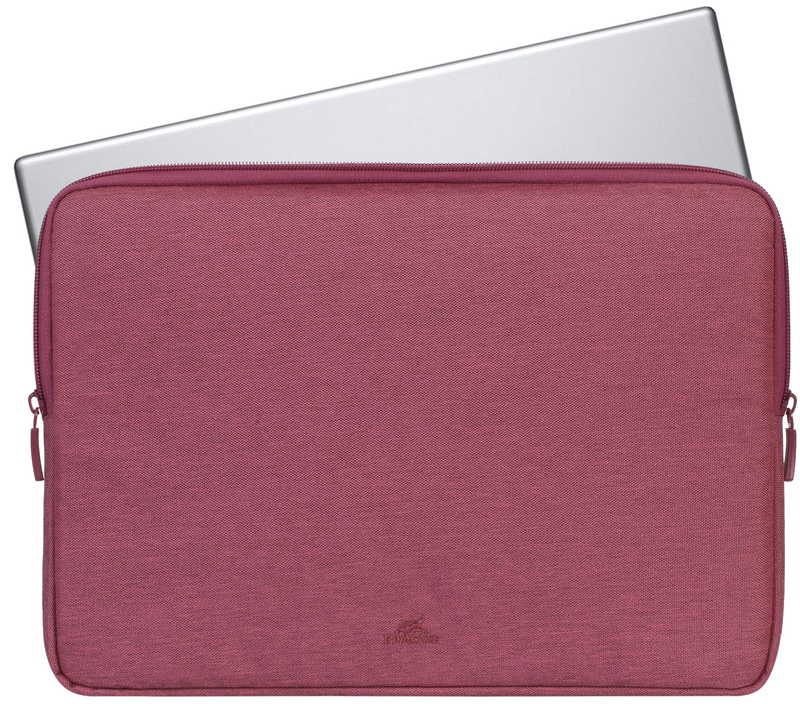 Laptop piros tokban cipzárral, fehér háttérrel.