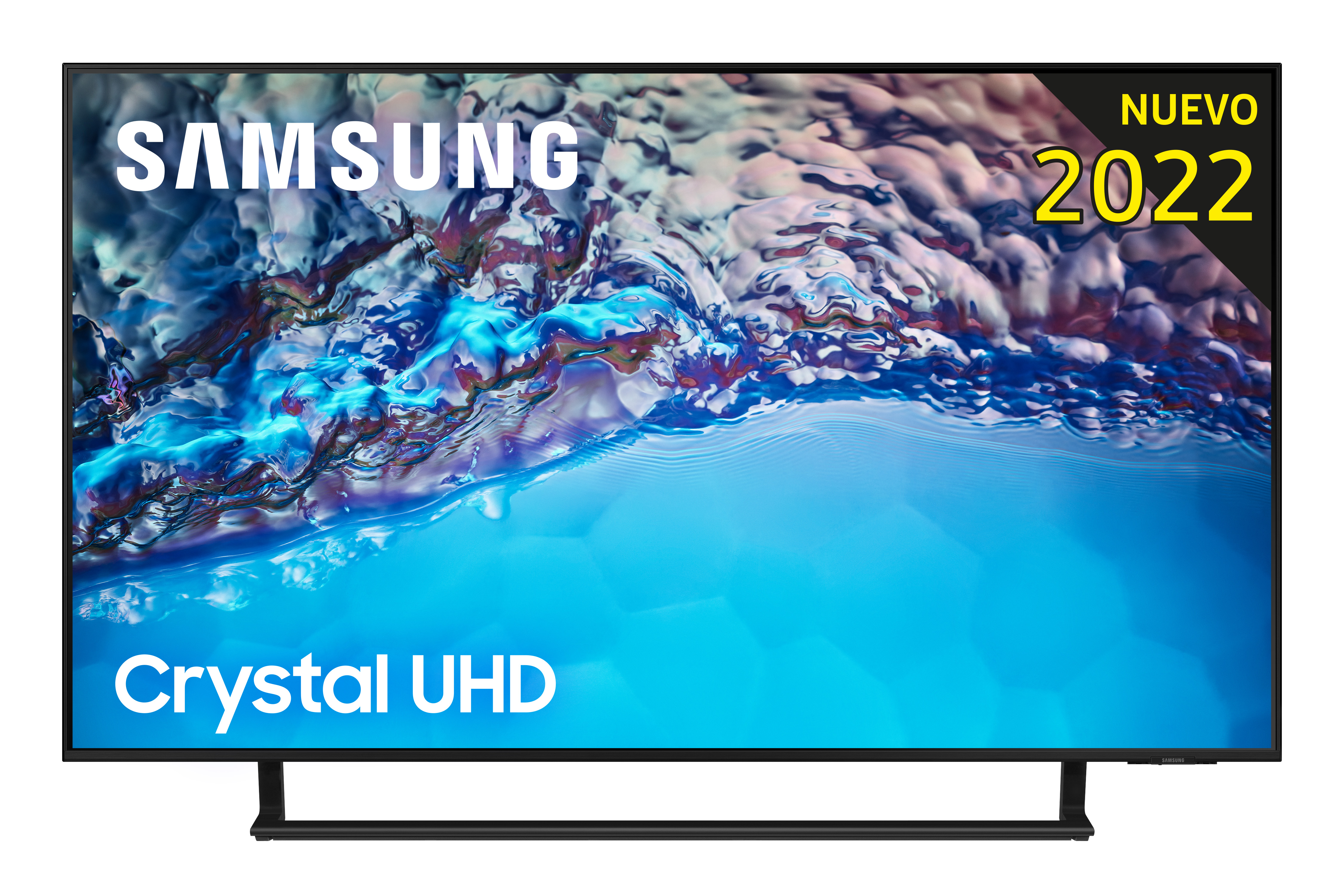 TV Samsung Crystal UHD, marco negro, muestra agua azul. Etiqueta 'Nuevo 2022'.