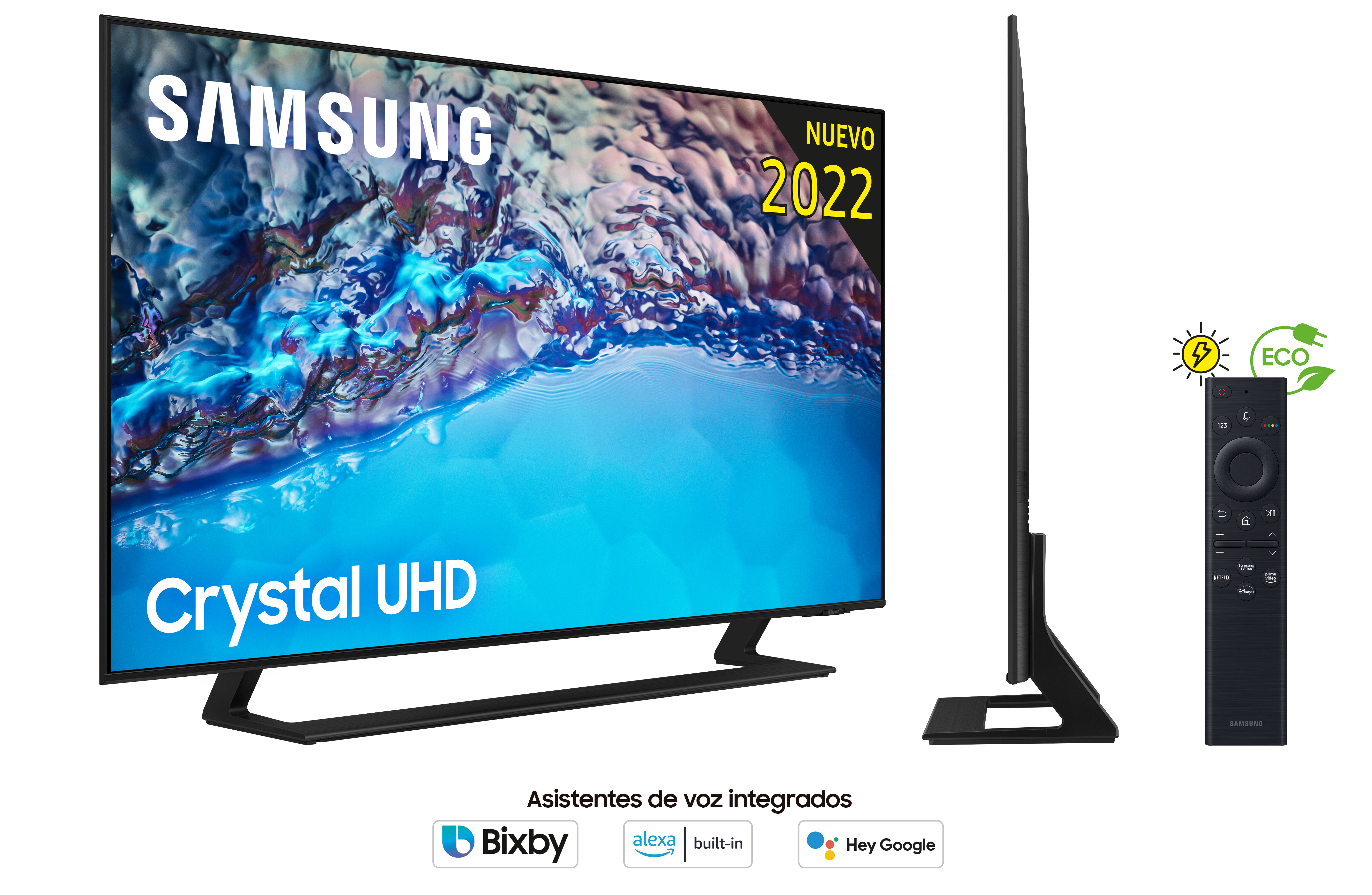 TV Samsung Crystal UHD, marco negro, muestra agua azul. Incluye mando, vista lateral y logos.