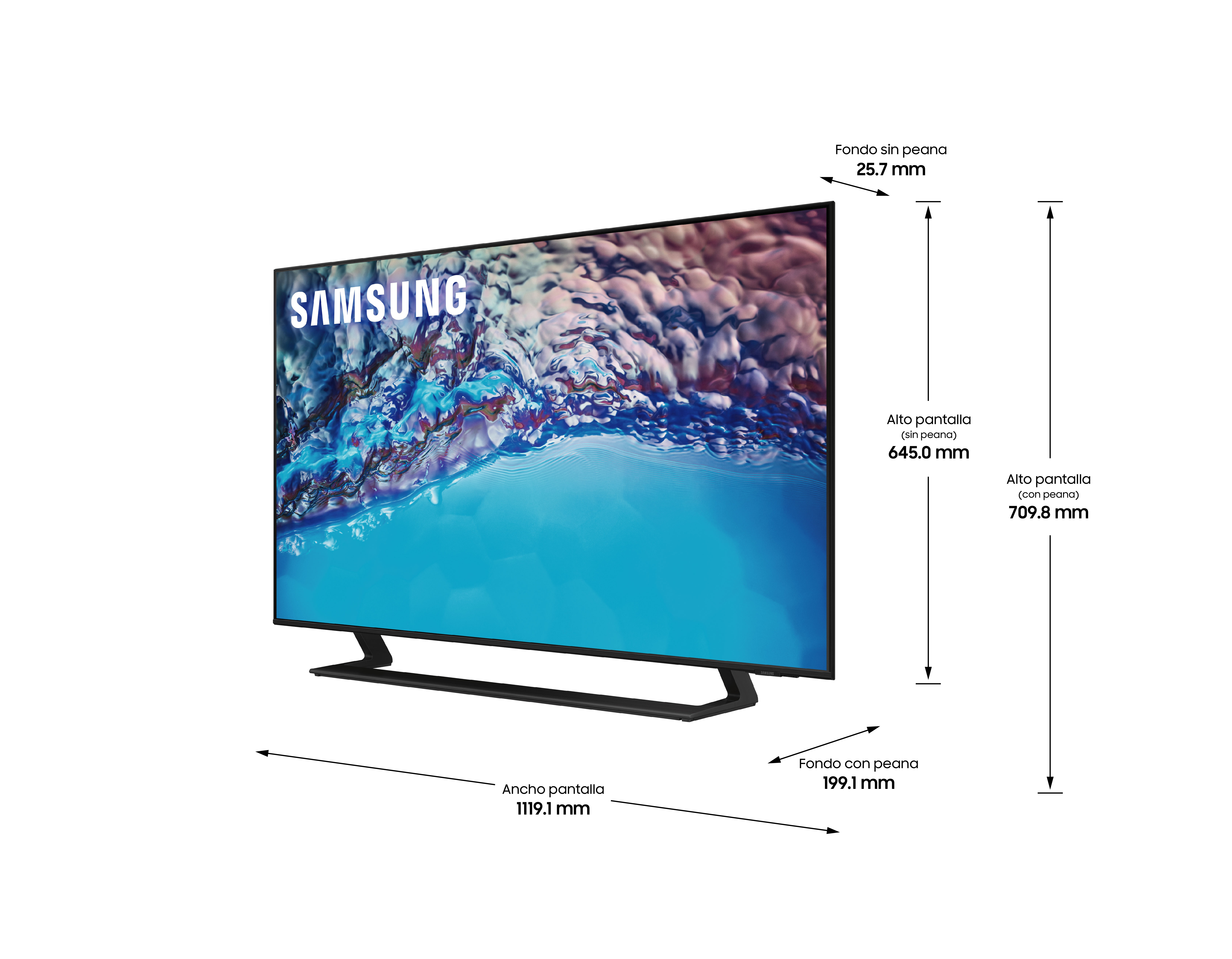 Un televisor Samsung se muestra con dimensiones. Marco, soporte y pantalla negros.
