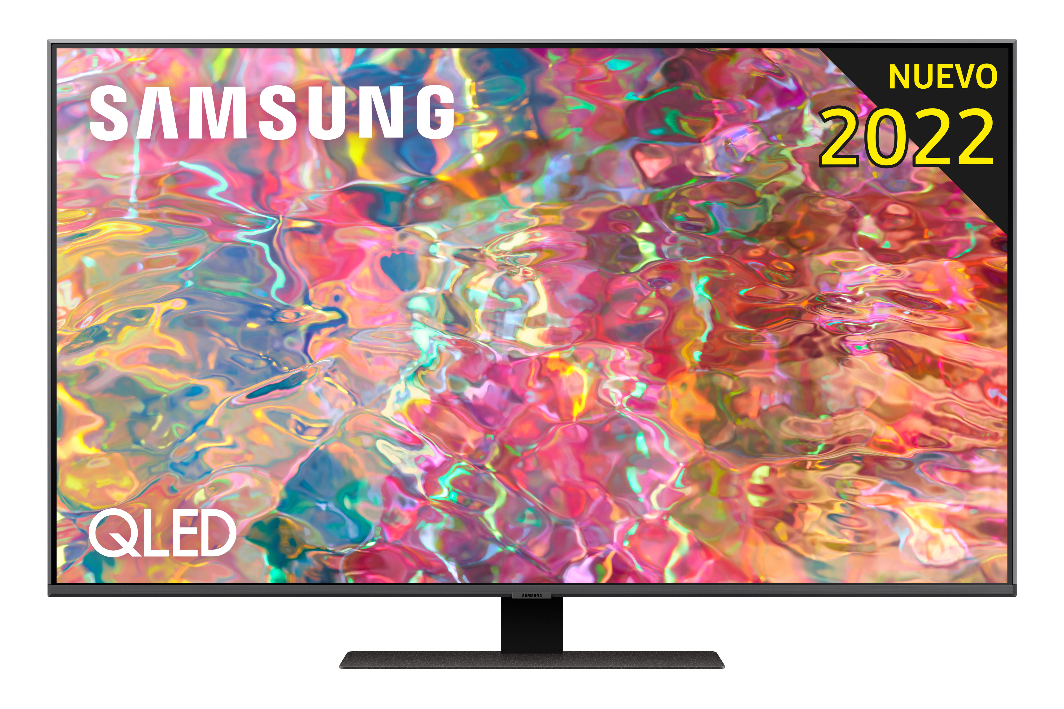 Un televisor Samsung QLED con una pantalla colorida, con una etiqueta 'Nuevo 2022' en un marco negro.