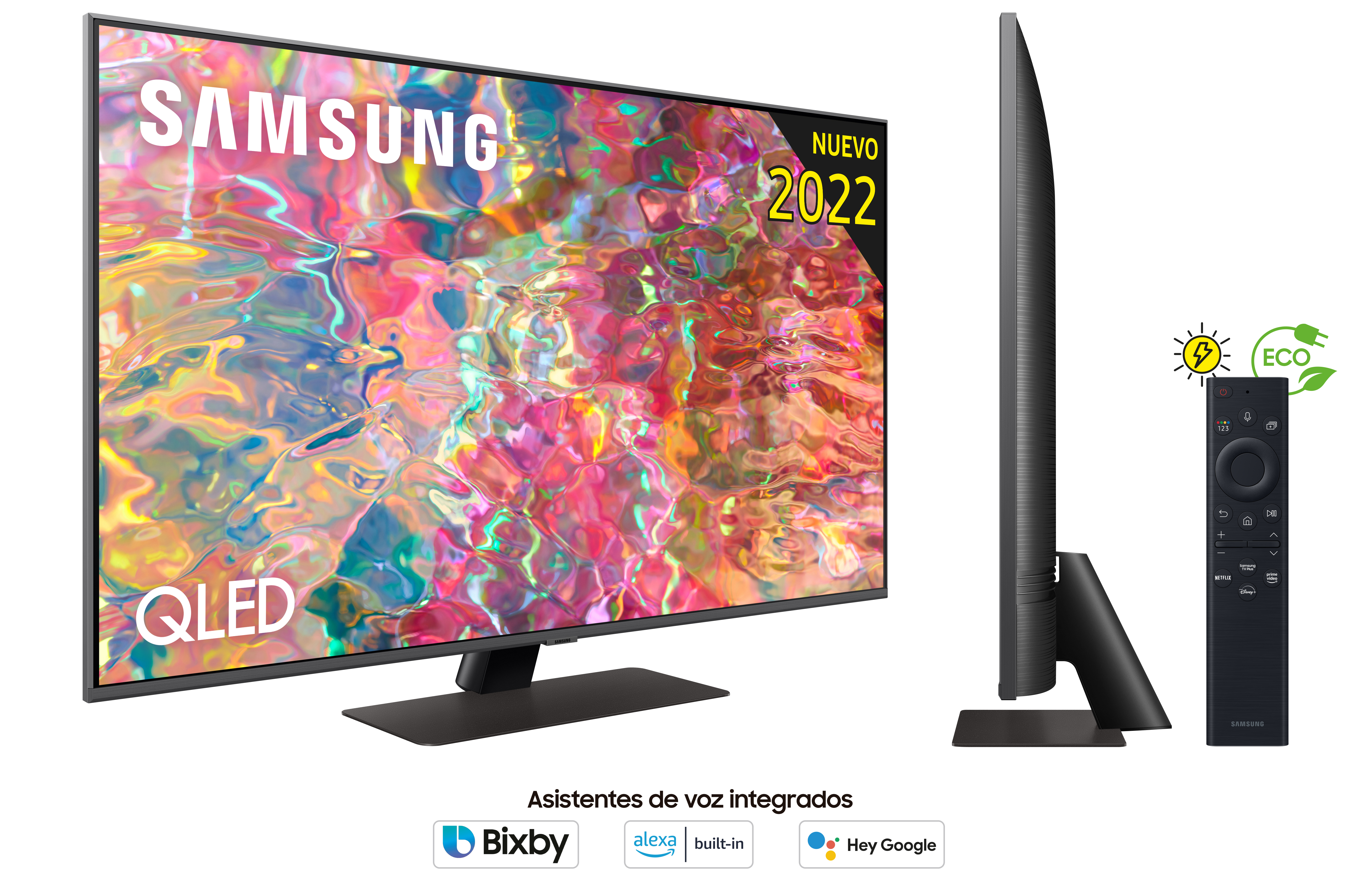 Televisor Samsung QLED con mando a distancia, vista lateral y logotipos de asistente de voz.