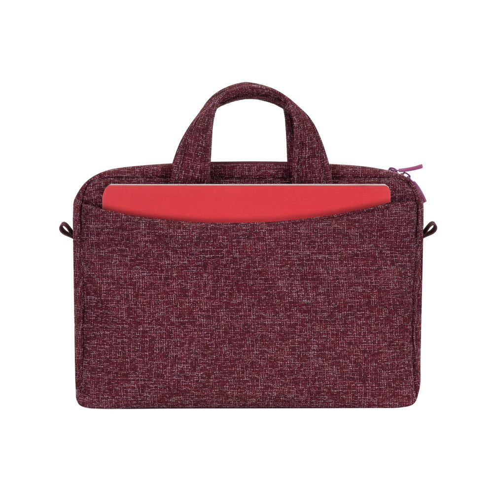 Burgundi laptop táska piros laptoppal, fehér háttérrel.