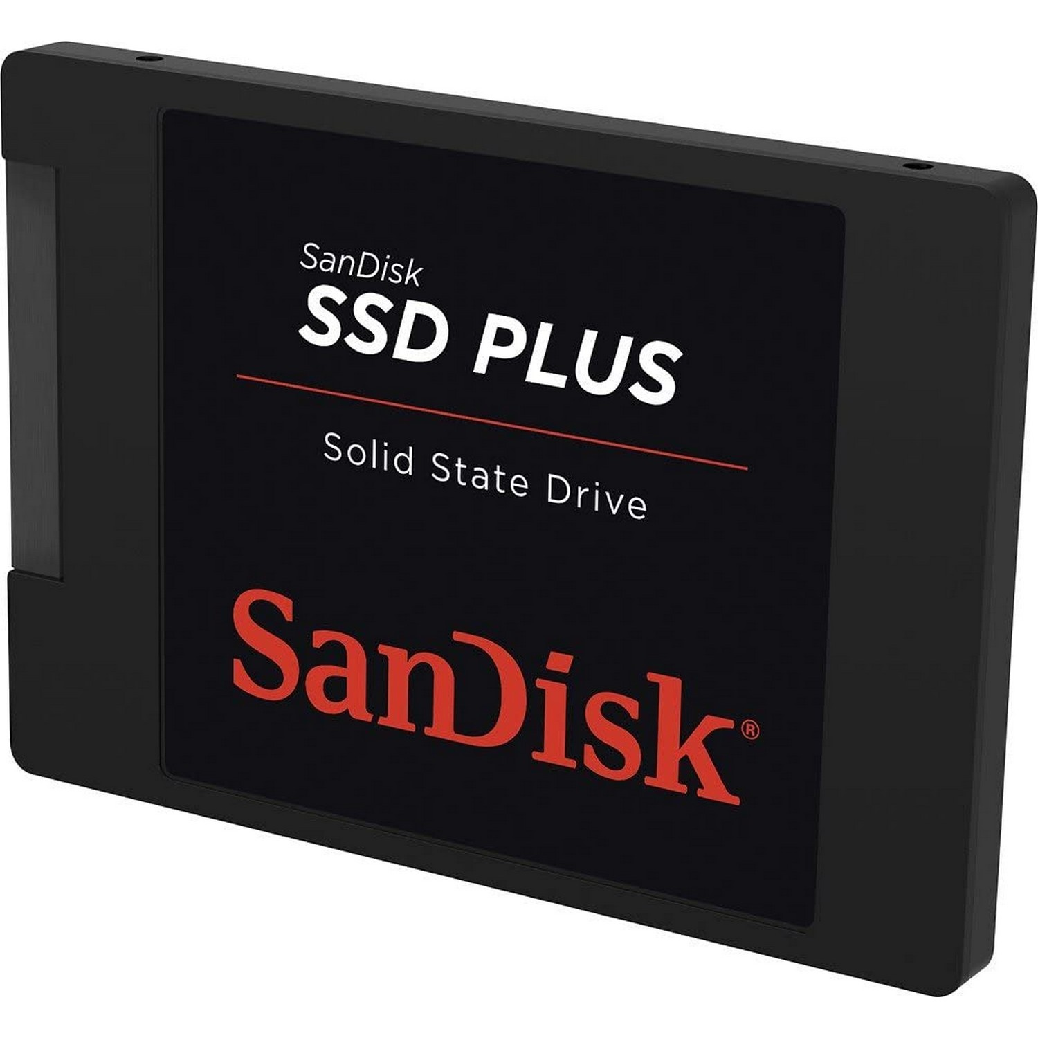 SSD Plus SanDisk negra y roja con el nombre de la marca y la descripción del producto.