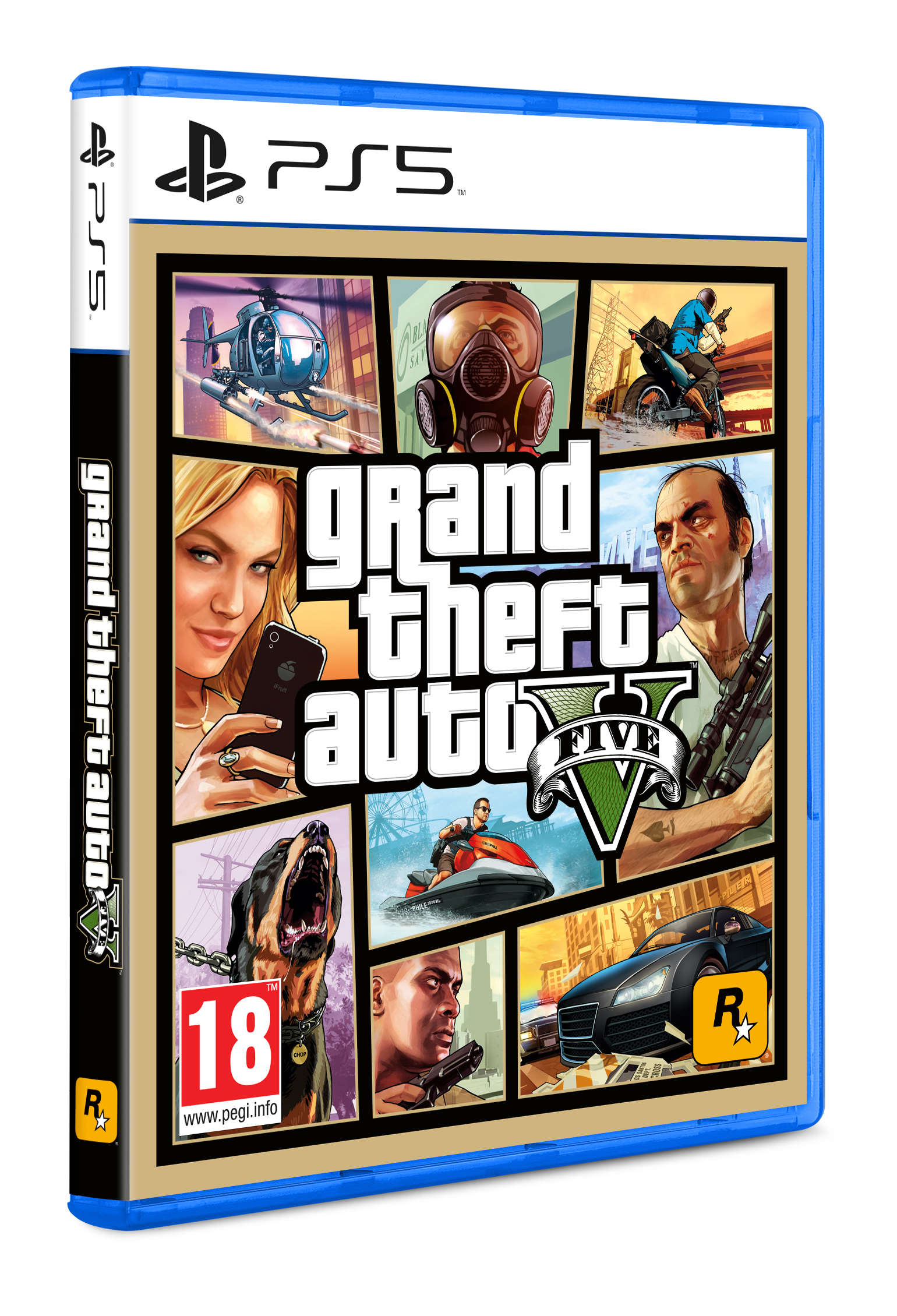 Grand Theft Auto V'in çeşitli karakterleri gösteren kapak resmiyle PS5 oyun kutusu.
