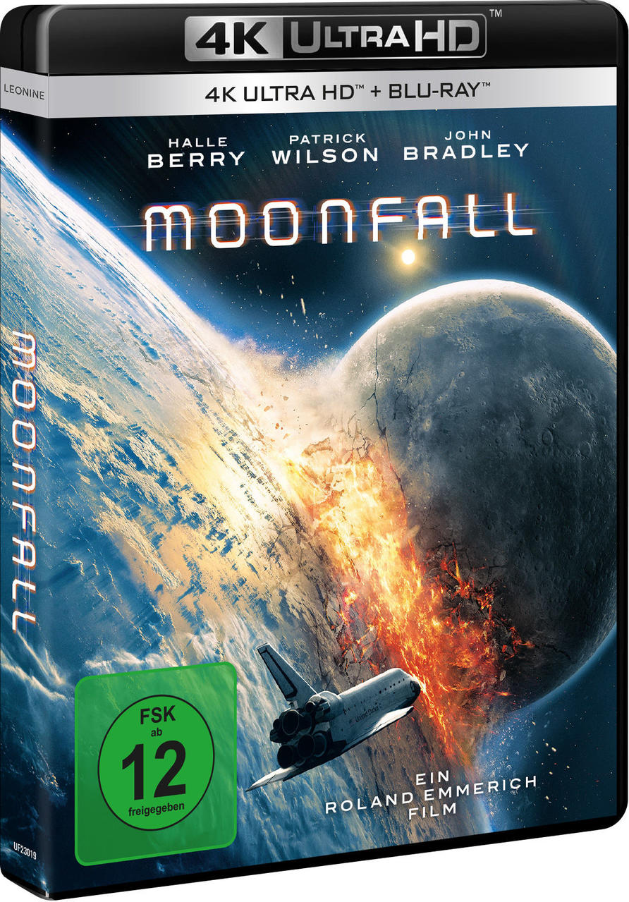 Filmcover mit einer Weltraumszene und dem Wort MOONFALL. Mit Halle Berry und anderen.