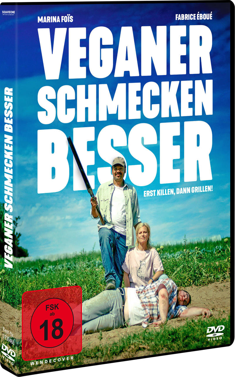 Filmposter. Ein Mann mit einer Waffe steht über zwei Männern. Text: Veganer schmecken besser.