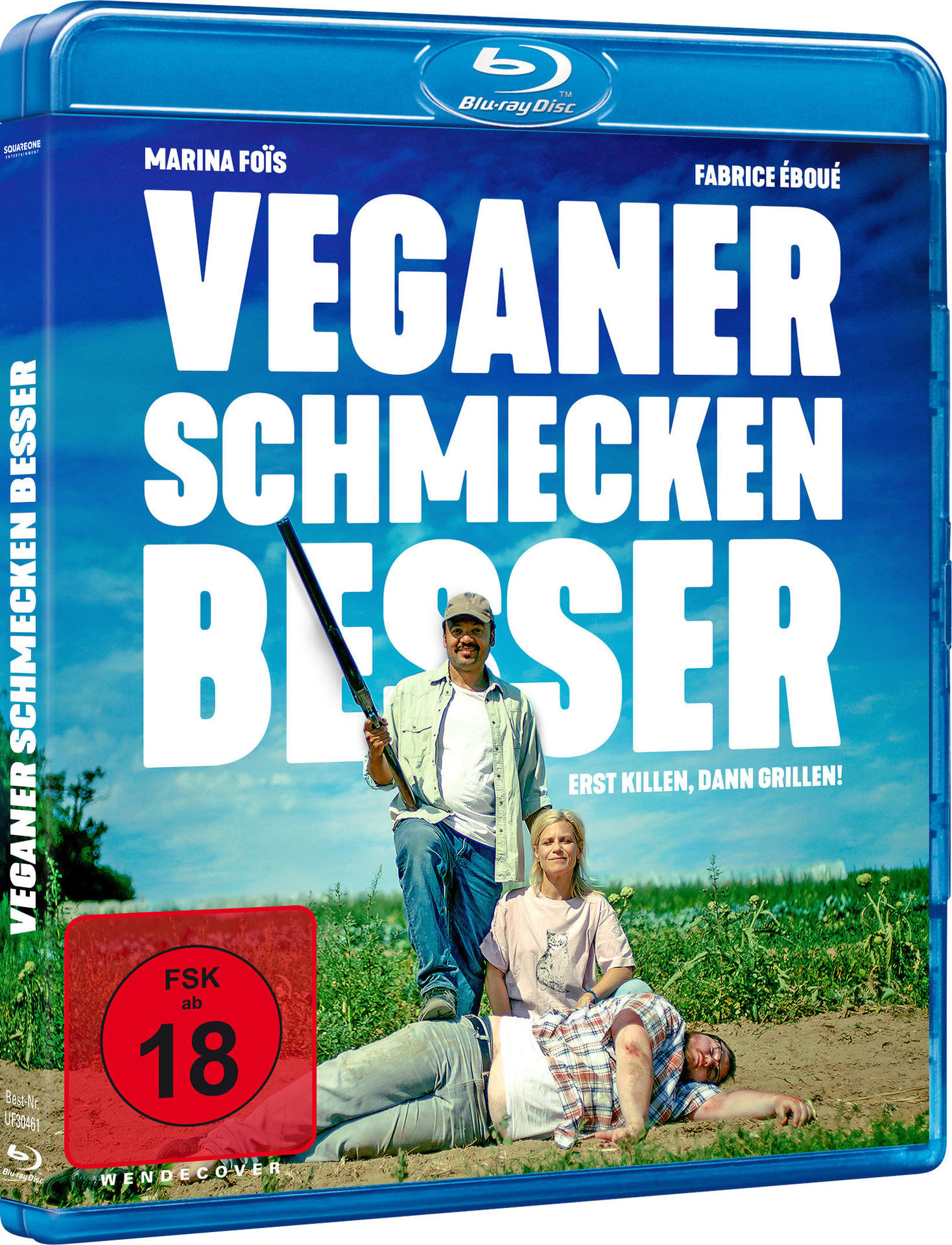 DVD-Cover von 'Veganer schmecken besser'. Zwei Männer mit einer Frau mit Schrotflinte auf dem Cover.