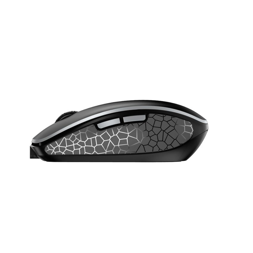 Schwarze Maus von der Seite, mit gemustertem Design. Weißer Hintergrund.