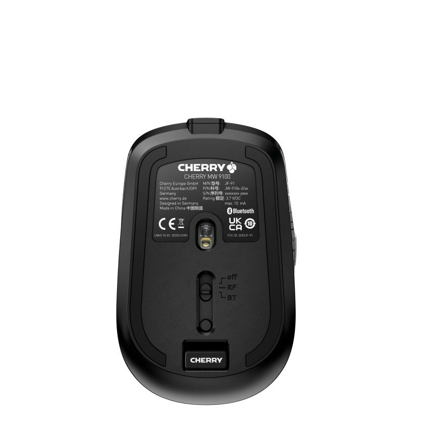 Die Unterseite einer schwarzen Cherry MW 9100-Maus, die den Schalter und die Einstellungen zeigt.