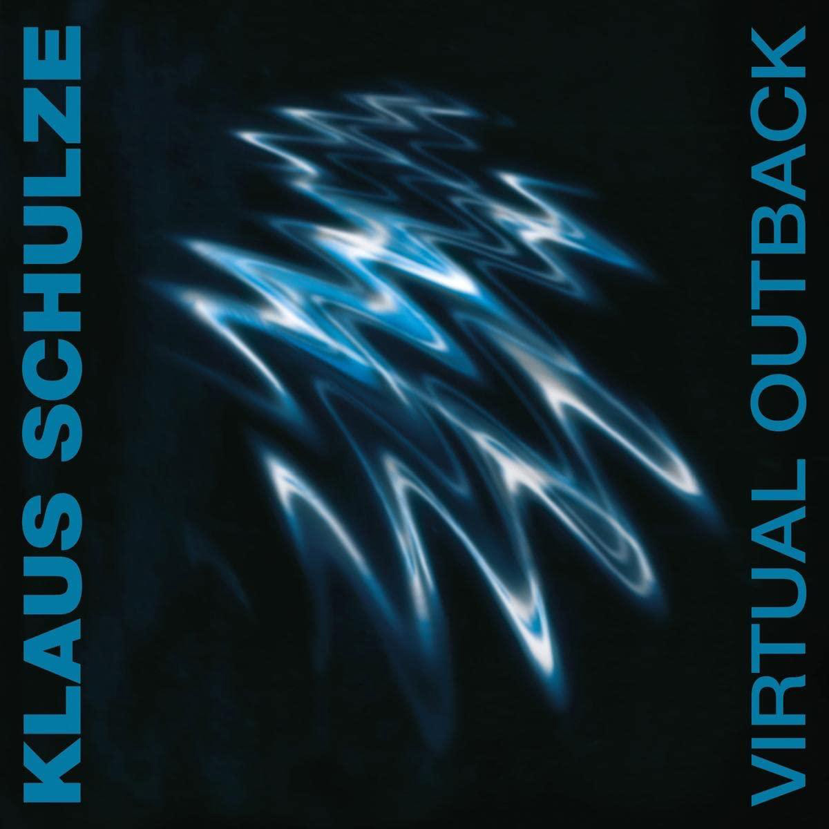 Albumcover mit blauem und weißem Text. Titel 'Virtual Outback' und Künstler 'Klaus Schulze'.