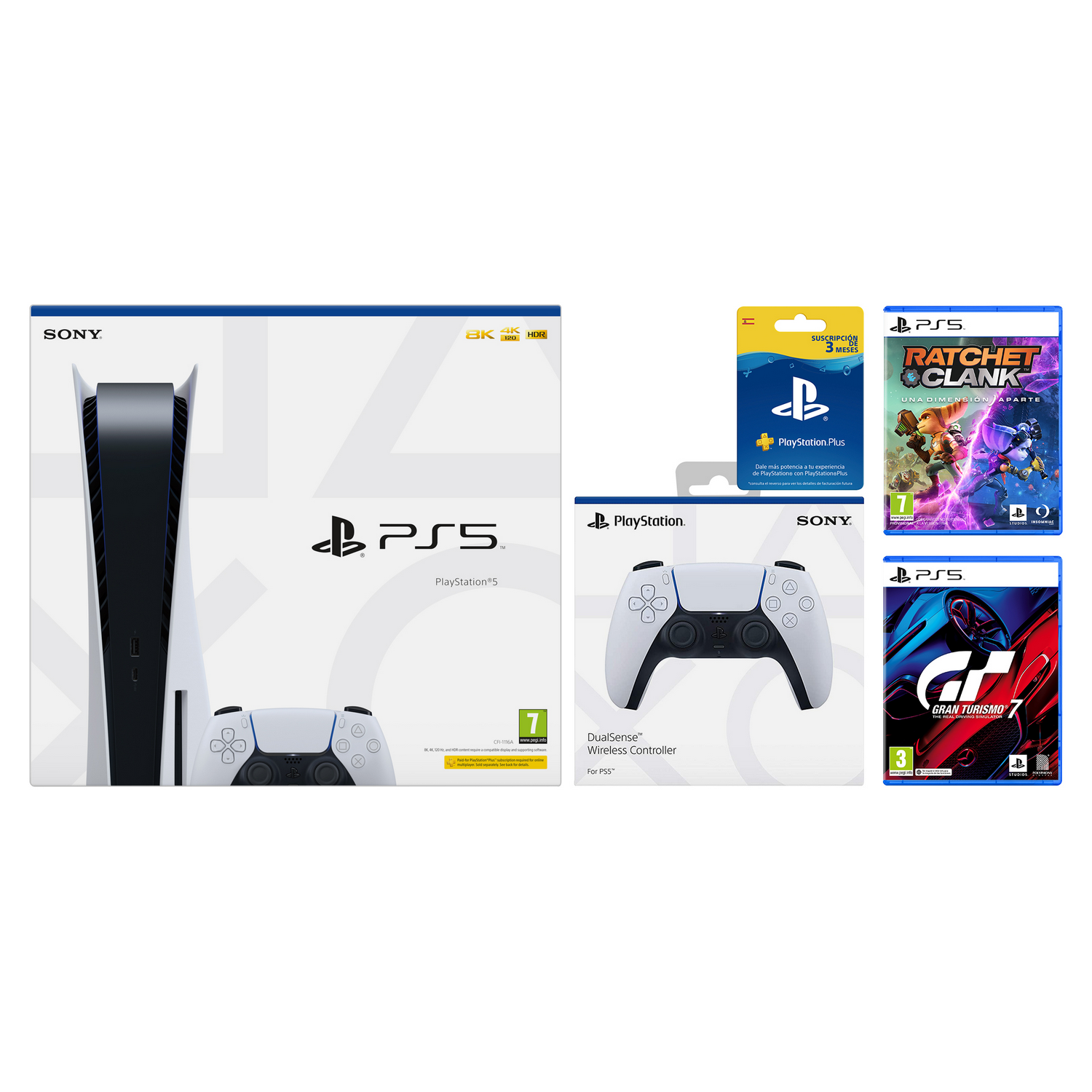 Consola - Sony PS5, 825 GB, 4K, HDR, Blanco + 2 mandos DualSense + Tarjeta suscripción + Ratchet & Clank + Gran Turismo 7