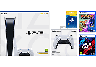 Consola - Sony PS5, 825 GB, 4K, HDR, Blanco + 2 mandos DualSense + Tarjeta suscripción + Ratchet & Clank + Gran Turismo 7