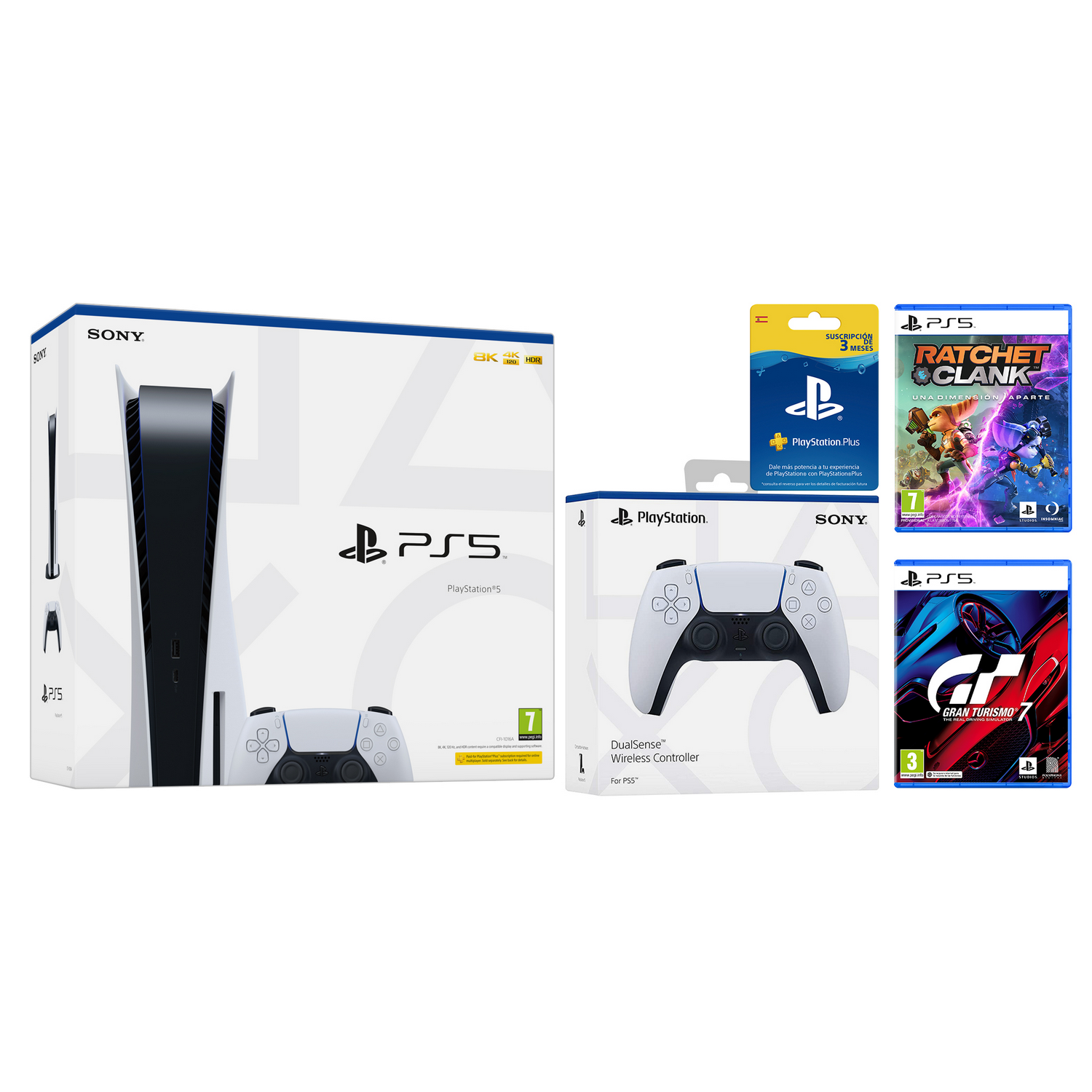 Consola - Sony PS5, 825 GB, 4K, HDR, Blanco + 2 mandos DualSense + Tarjeta suscripción + Ratchet & Clank + Gran Turismo 7