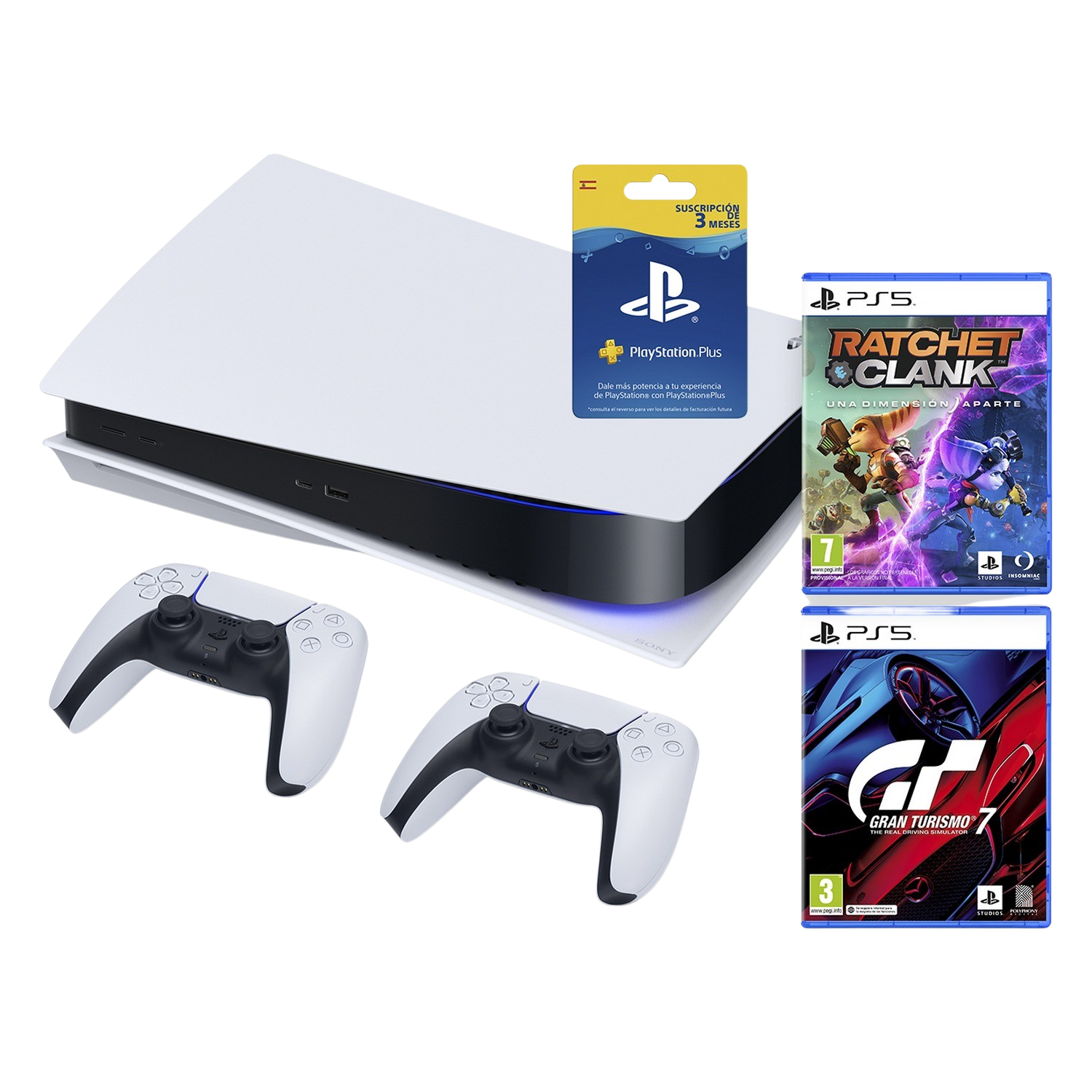 Consola PS5, dos mandos, tarjeta PS Plus y dos cajas de juegos sobre superficie blanca.