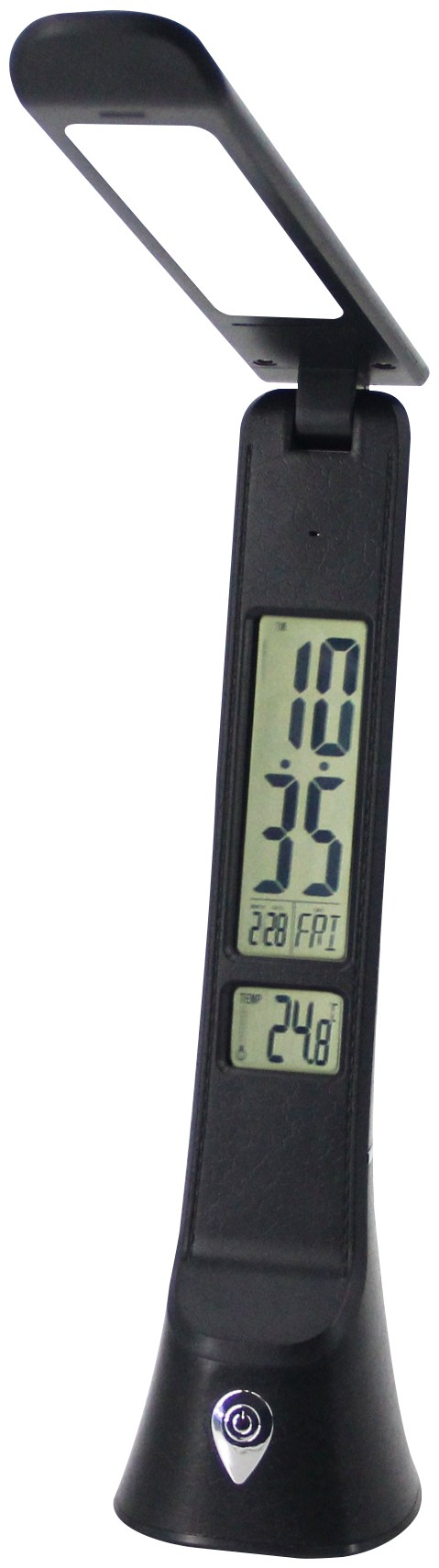 Egy fekete asztali lámpa, digitális kijelzővel, ami az időt és a hőmérsékletet mutatja.