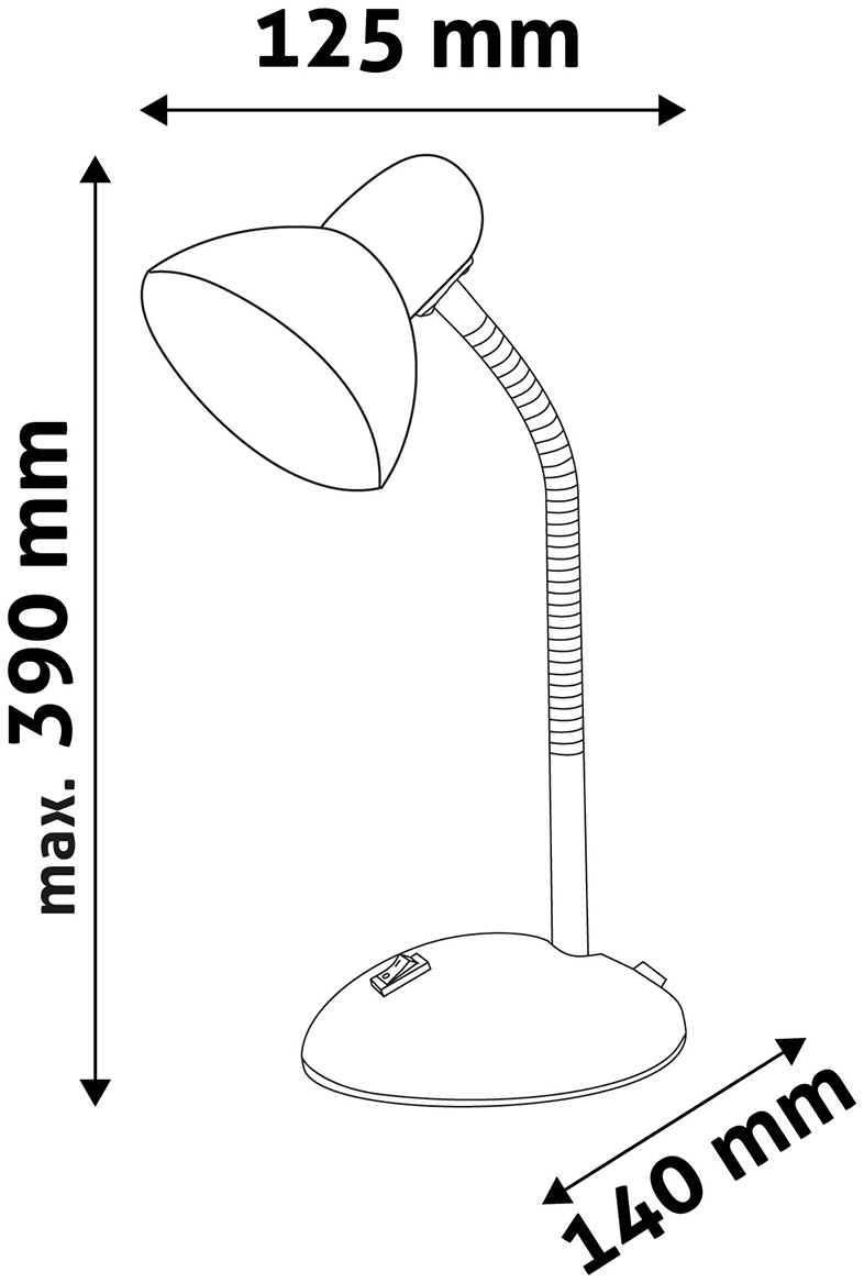 Egy fehér asztali lámpa méretekkel: 125 mm széles, 390 mm magas és 140 mm-es talp.