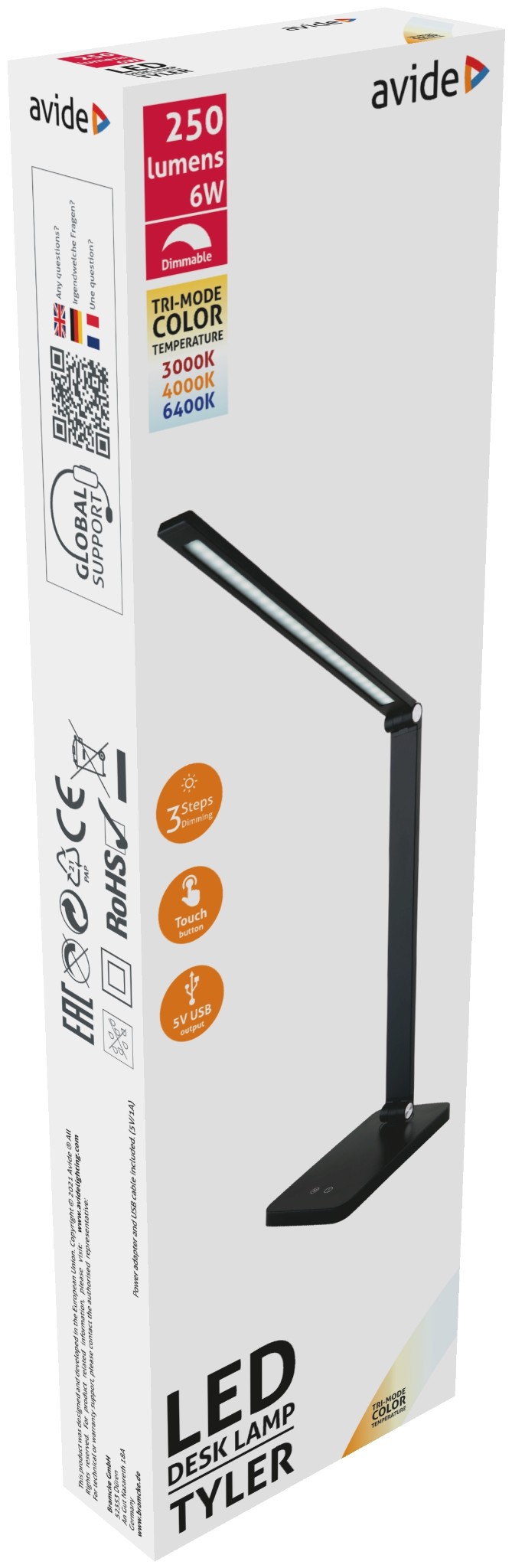 Fekete LED-es asztali lámpa dobozban. 250 lumen, 6 W, hárommódú színhőmérséklet.
