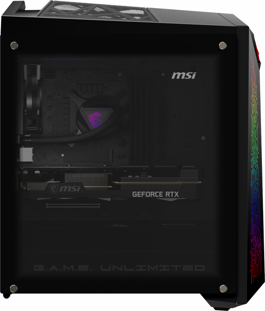 Een zwarte gaming pc-behuizing met een transparant zijpaneel dat de binnenkant laat zien.