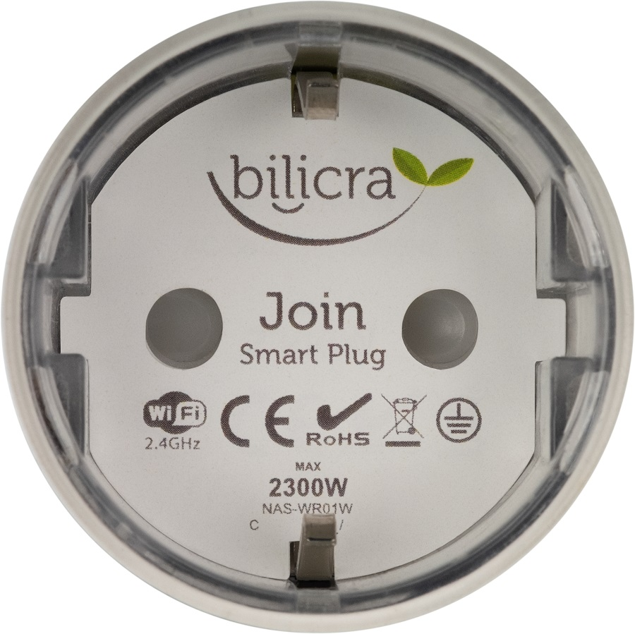 Bilicra markalı, Join yazılı ve bir yaprak logosu olan beyaz bir akıllı fiş.