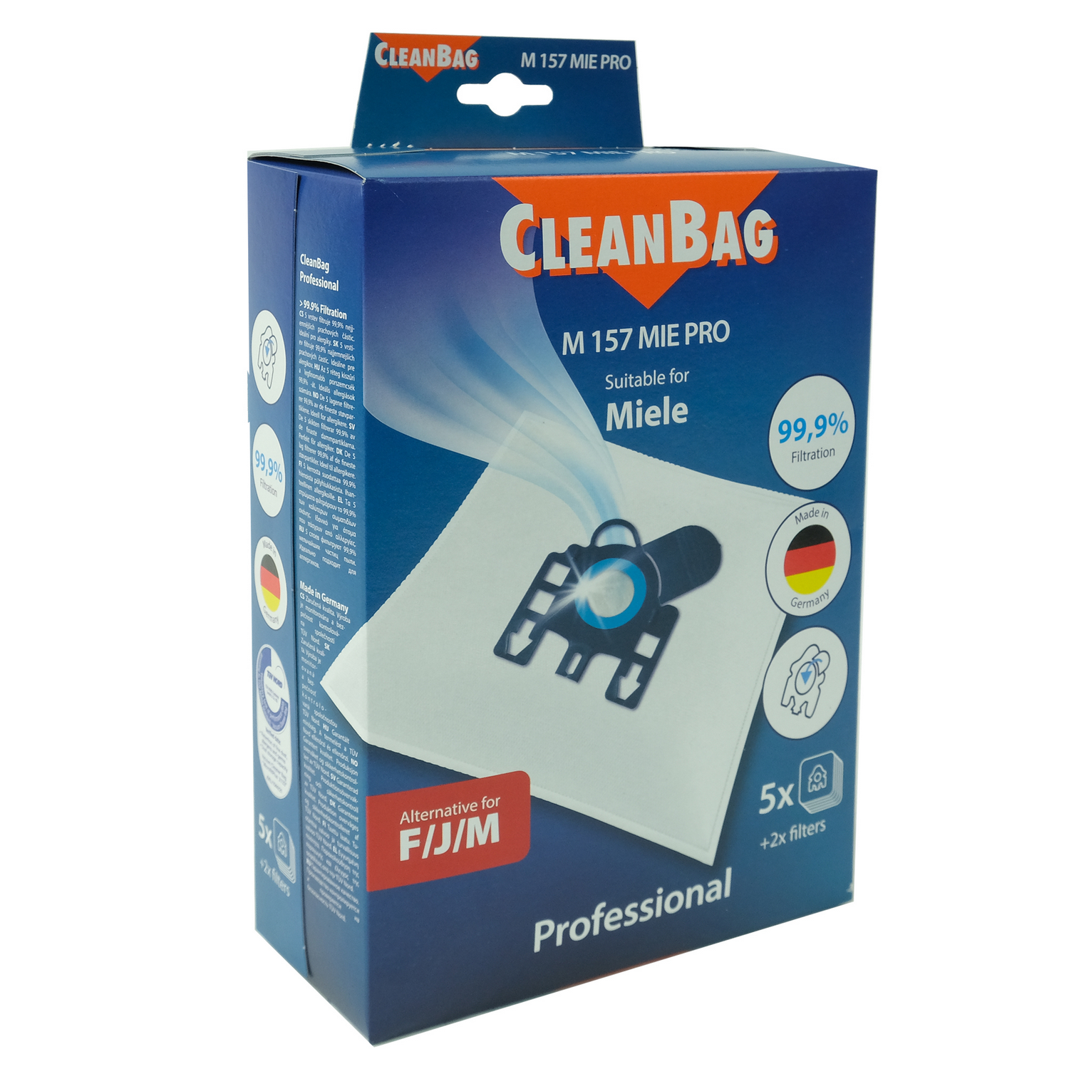 Una caja azul y blanca de bolsas para aspiradora CleanBag. Tiene texto e imágenes.