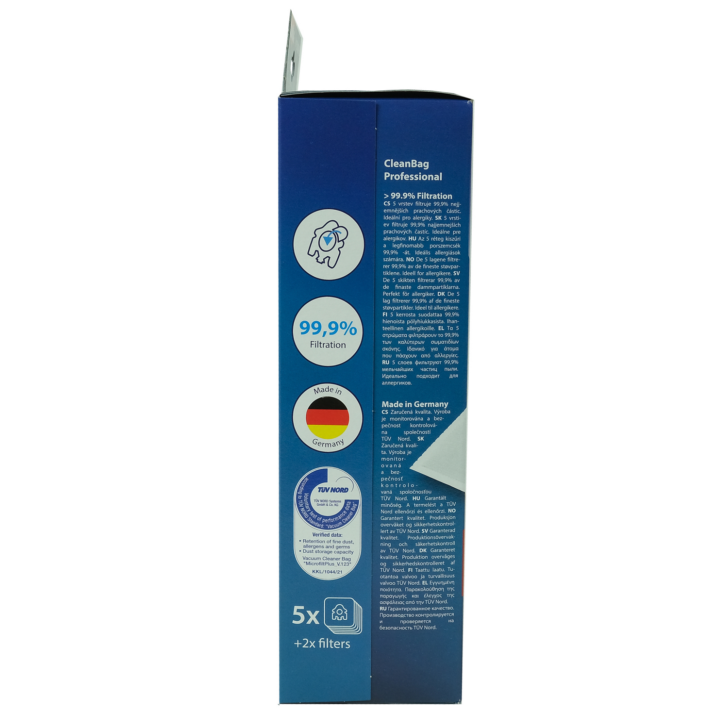 Caja con texto sobre filtros CleanBag Professional, con gráfico de bolsa de vacío y 5 filtros.