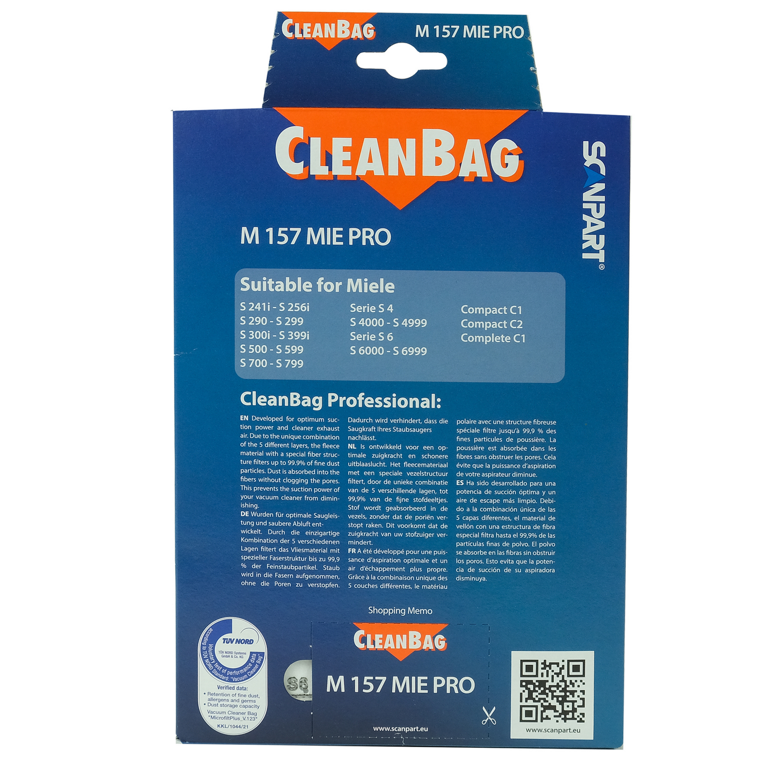 Embalaje de bolsa de aspiradora CleanBag, con texto, logotipos y un código QR.