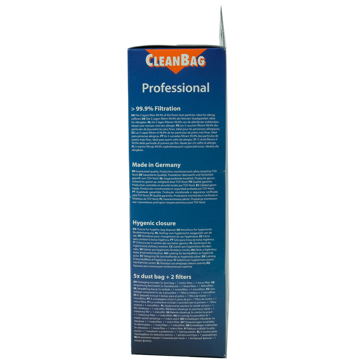 Caja de bolsas de aspiradora CleanBag Professional. Texto en varios idiomas.