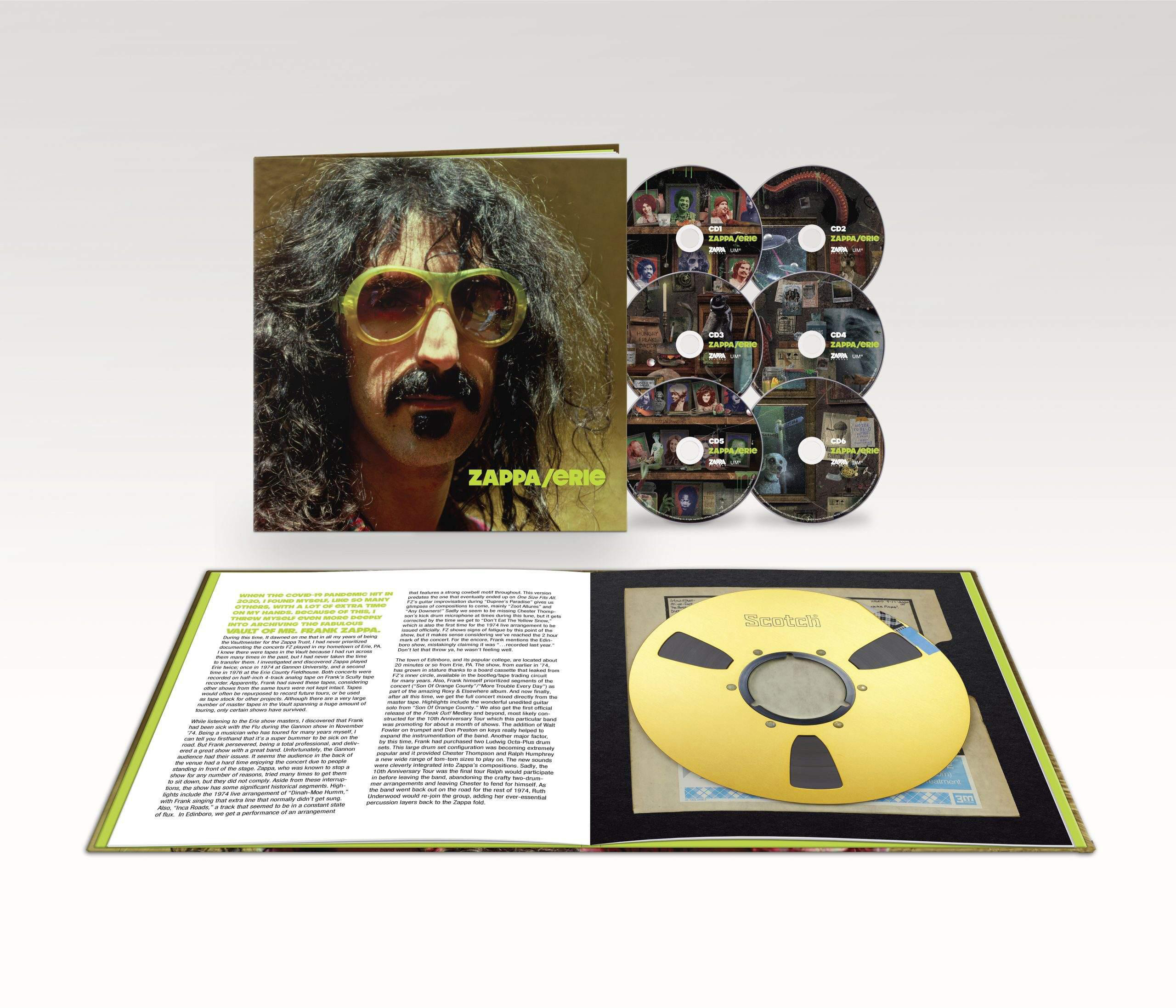 Zappa/Eric Box-Set. Zeigt Frank Zappas Bild, mehrere CDs und ein offenes Buch mit Text und Rolle.