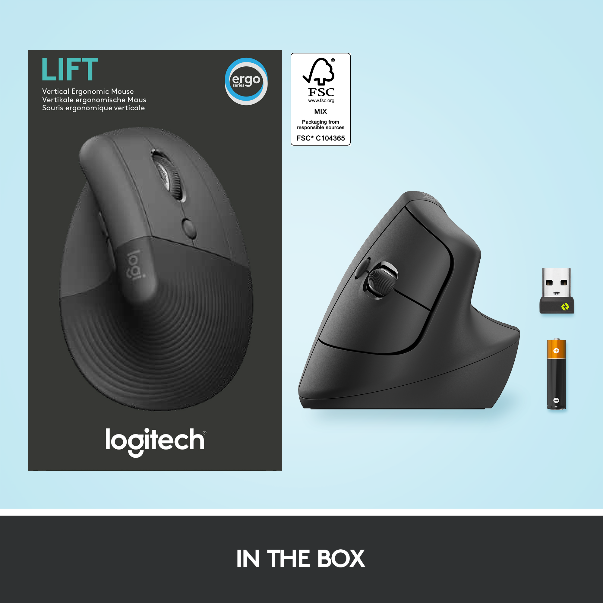 Souris ergonomique noire avec emballage et piles.