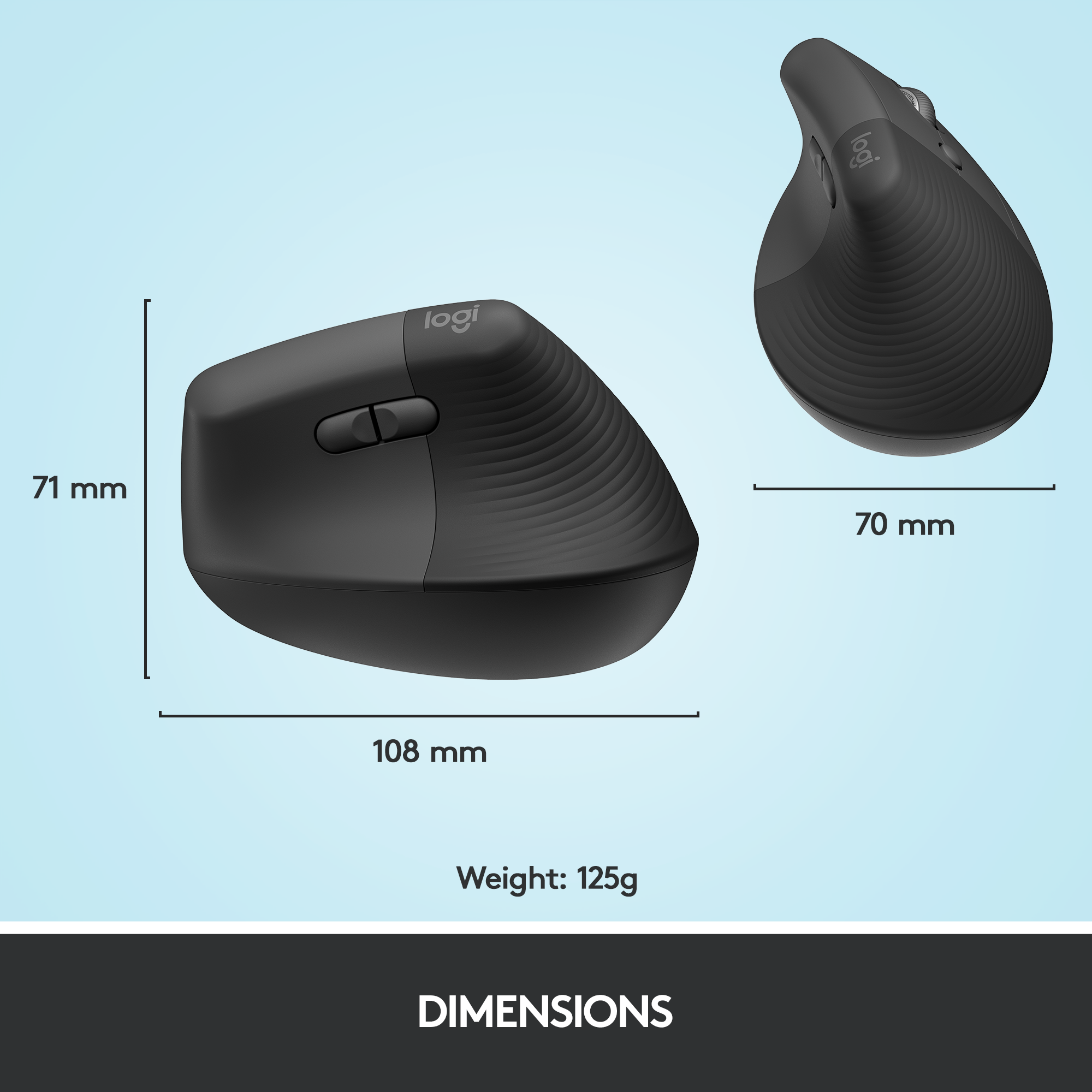 Souris ergonomique noire avec dimensions : 108 mm de long, 71 mm de haut et 70 mm de large. Poids : 125g.